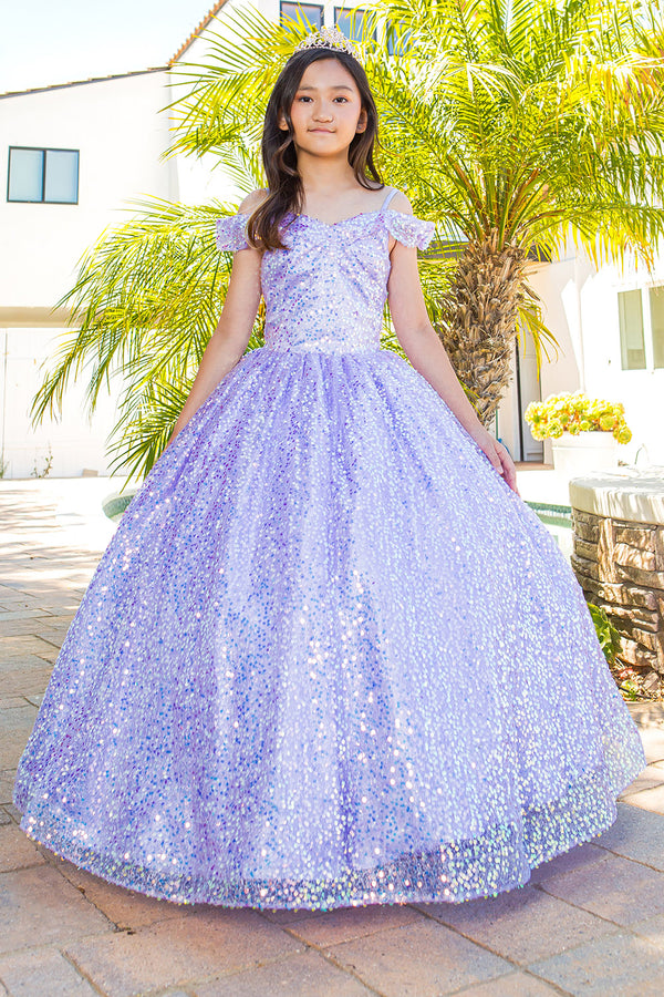 Girls Rainbow Sequin Glitter Tulle Off Shoulder Sweep Train Ball Gown, Size 8