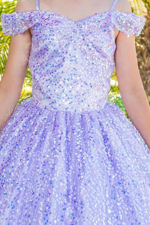 Girls Rainbow Sequin Glitter Tulle Off Shoulder Sweep Train Ball Gown, Size 8