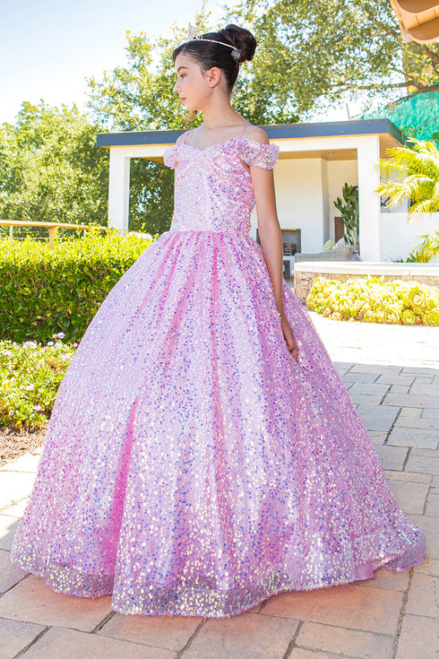 Girls Rainbow Sequin Glitter Tulle Off Shoulder Sweep Train Ball Gown, Sizes 2-16 - SophiasStyle.com