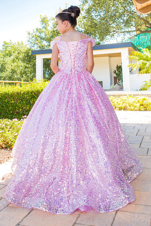 Girls Rainbow Sequin Glitter Tulle Off Shoulder Sweep Train Ball Gown, Sizes 2-16 - SophiasStyle.com
