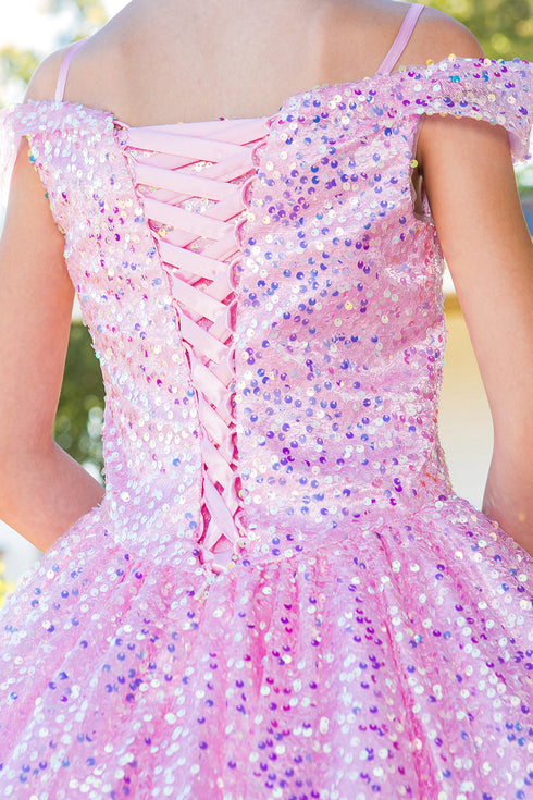 Girls Rainbow Sequin Glitter Tulle Off Shoulder Sweep Train Ball Gown, Sizes 2-16 - SophiasStyle.com