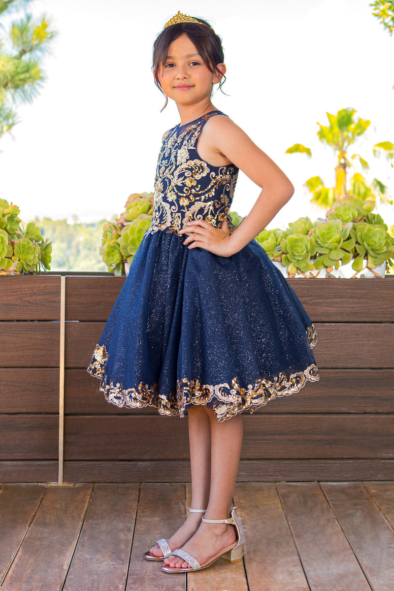 navy blue and gold lace dress Navy Blue Long Prom Dress with Gold Sequins