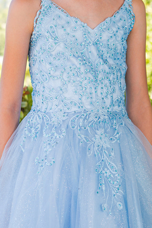 Big Girls Multi Color Double Spaghetti Rhinestone Embroidered Gown 4-16 - SophiasStyle.com