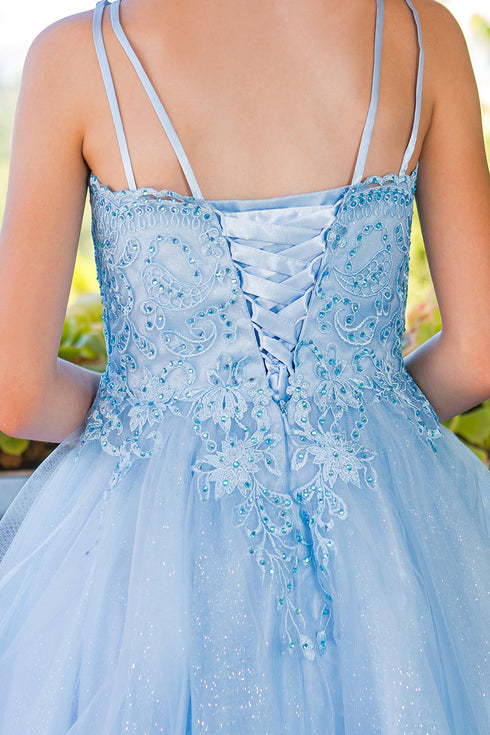 Girls Double Spaghetti Rhinestone Embroidered Gown, Sizes 4-16