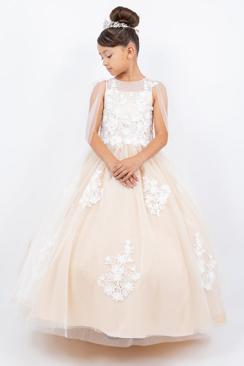 Girls Illusion Top 3D Flowers Sheer Sleeve Flower Girl Dress 2-16