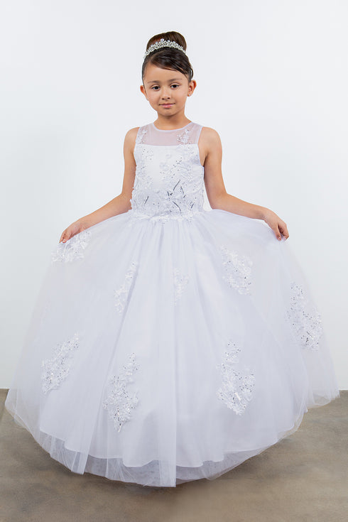 Girls Illusion Top 3D Flowers Sheer Sleeve Flower Girl Dress 2-16