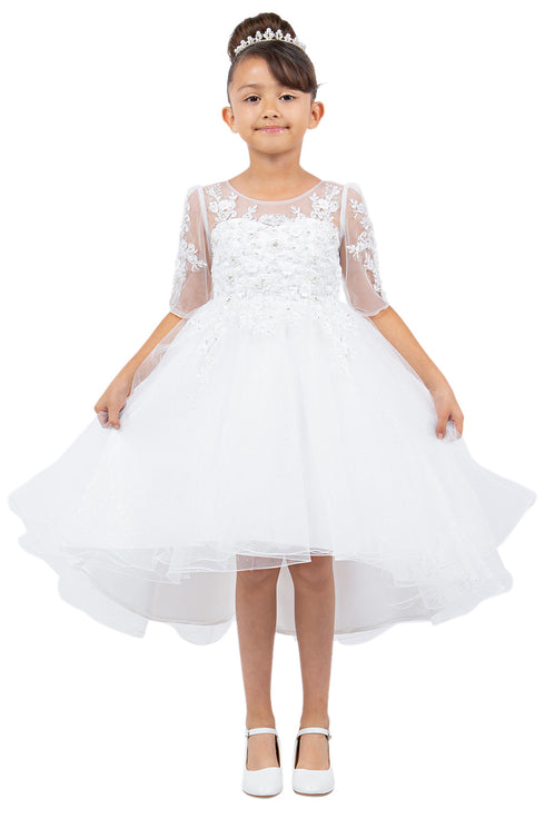 Girls Off White Illusion Neckline Beaded Floral Embroidery Hi Low Flower Girl Dress 2-16