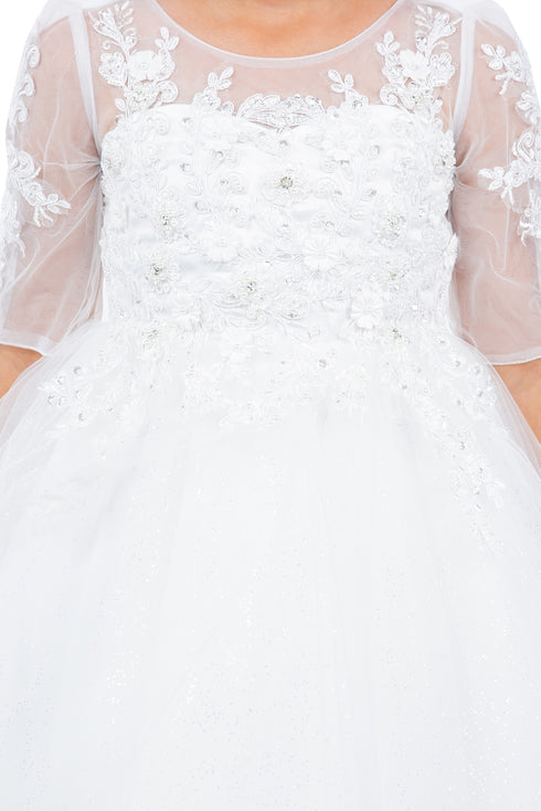 Girls Off White Illusion Neckline Beaded Floral Embroidery Hi Low Flower Girl Dress 2-16