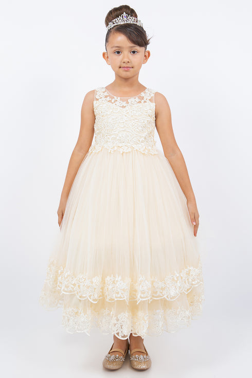 Girls Floral Embroidery Heart Bodice Bow Applique Flower Girl Dress 2-16