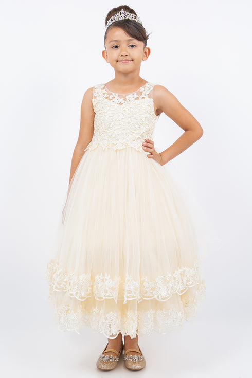 Girls Floral Embroidery Heart Bodice Bow Applique Flower Girl Dress 2-16