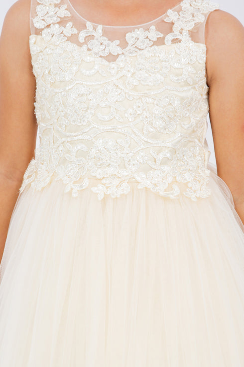 Girls Floral Embroidery Heart Bodice Bow Applique Flower Girl Dress 2-16