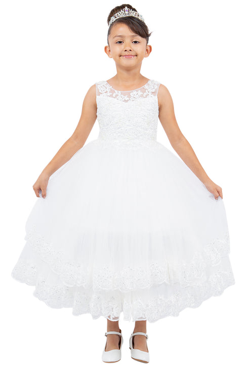 Girls Floral Embroidery Heart Bodice Bow Applique Flower Girl Dress 2-16