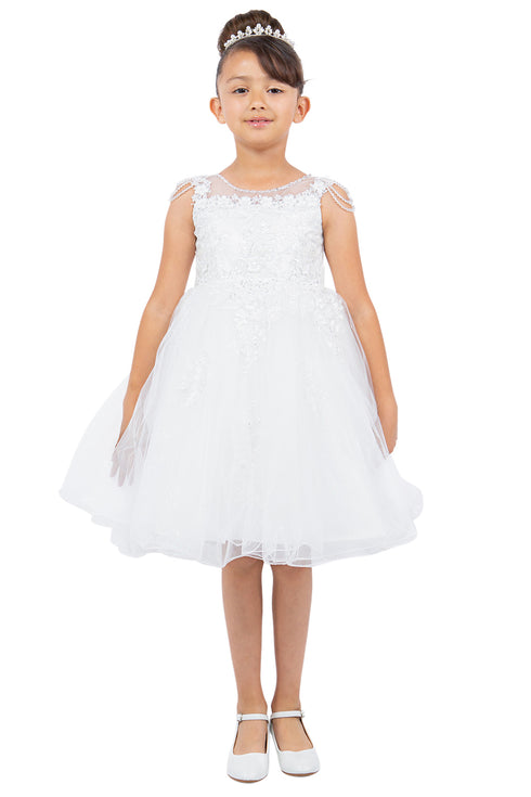 Girls Illusion Neckline Jewel Strigs Flower Girl Dress 2-16