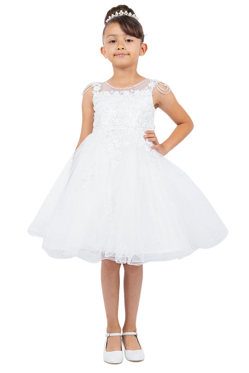 Girls Illusion Neckline Jewel Strigs Flower Girl Dress 2-16