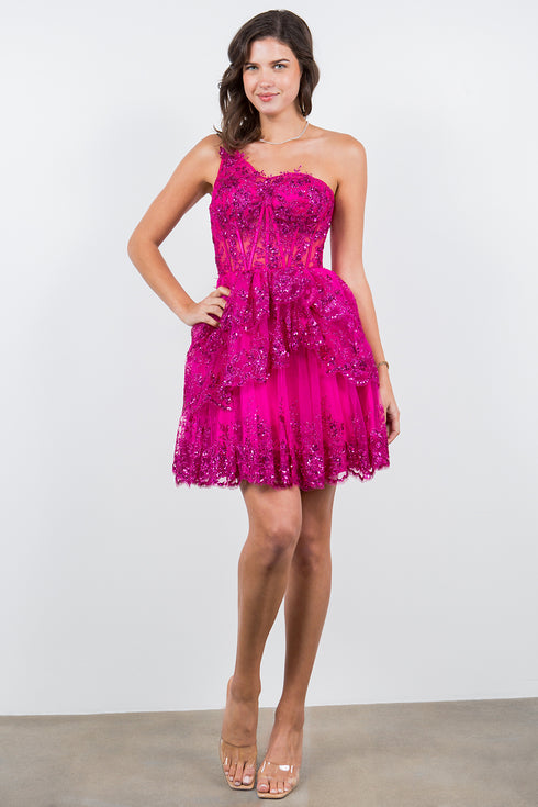 Lace One-Shoulder Tiered Skirt Cocktail Dress for Women 4/XS-16/3X