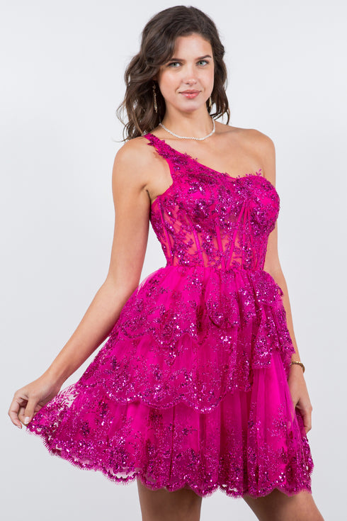 Lace One-Shoulder Tiered Skirt Cocktail Dress for Women 4/XS-16/3X