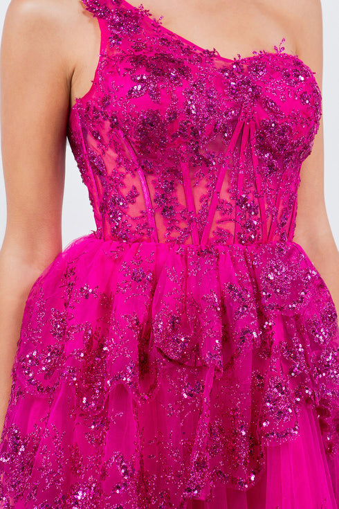 Lace One-Shoulder Tiered Skirt Cocktail Dress for Women 4/XS-16/3X