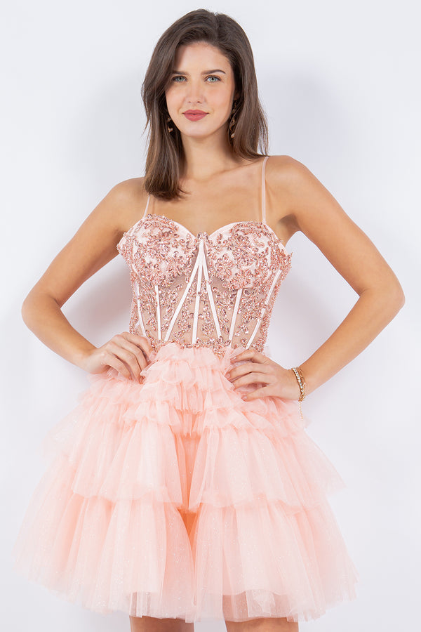 Sweetheart Corset Top Detailed Multi Layered Skirt Cocktail Dress for Women 4/XS-16/3X