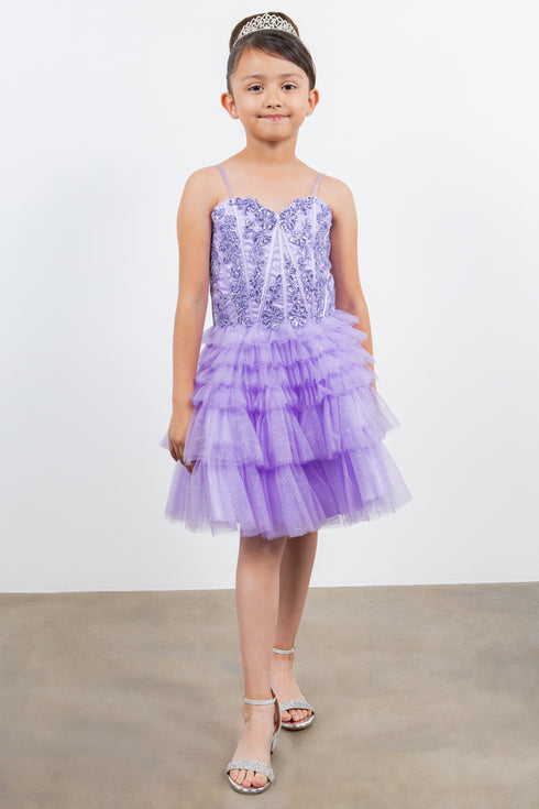 Girls Sweetheart Corset Top Detailed Multi Layered Skirt Dress 4-16