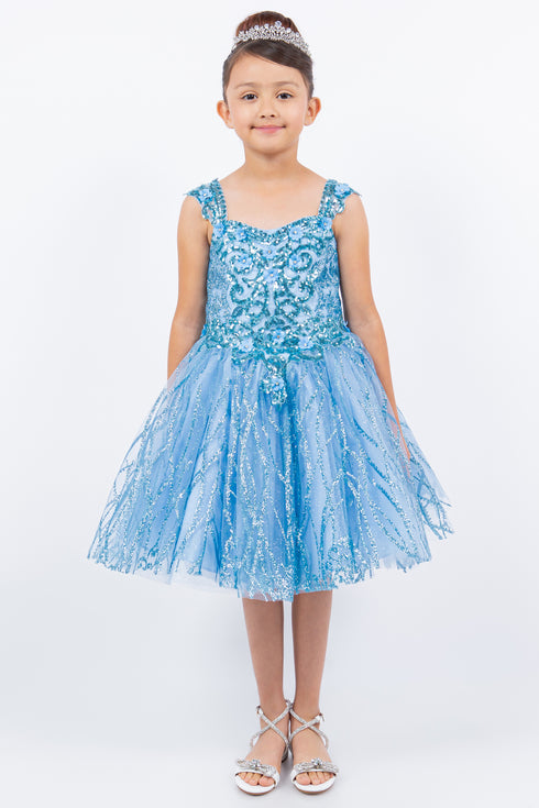 Girls Blue Embroidered Lace Applique Long Strapless Sheer Corset Ombre Flower Girl Dress 2-16