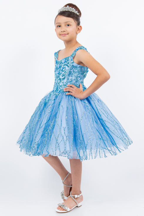 Girls Blue Embroidered Lace Applique Long Strapless Sheer Corset Ombre Flower Girl Dress 2-16