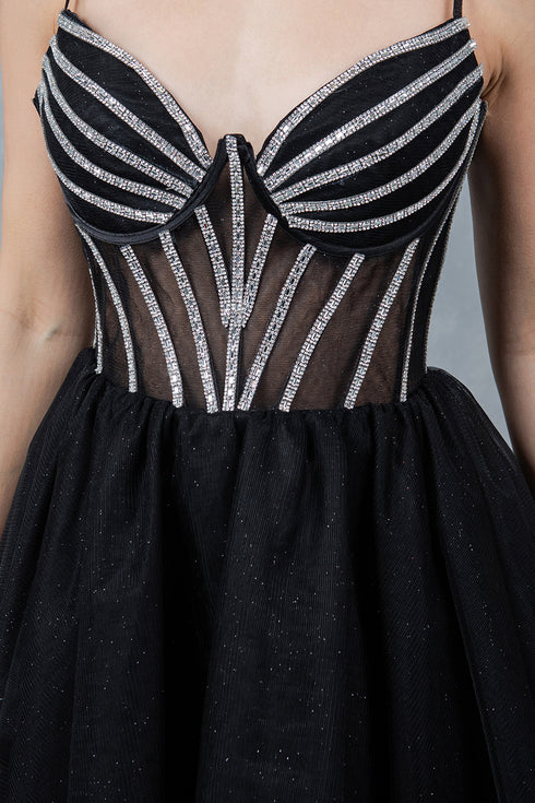 Womens Black Glitter Tulle Corset Mini Dress – Spaghetti Strap Fit and Flare Party Dress with Rhinestone Embellishments, Sizes 4/XS-16/3X