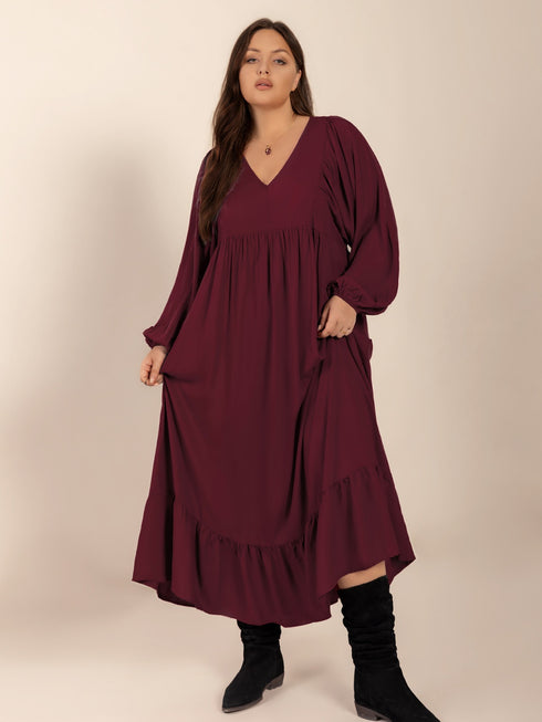 plus-size-ruffled-hem-v-neck-balloon-sleeve-dress OhSoStyled - Sophia's Style-3