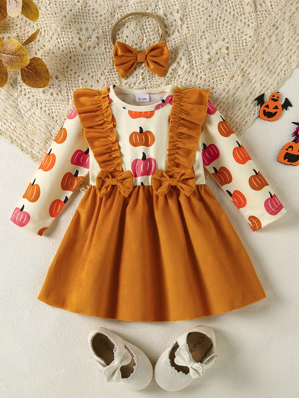 childrens-pumpkin-print-ruffle-dress-with-bow-headband-ohso-kids-sophias-style-1