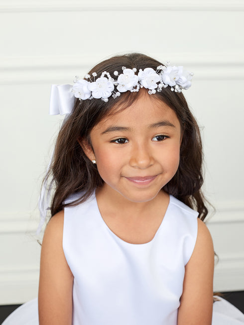 Girls White Flower Rhinestone Pearl Embellished Stylish Special Occasion Crown