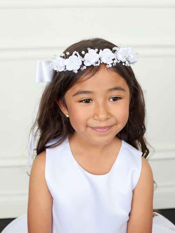 Girls White Flower Rhinestone Pearl Embellished Stylish Special Occasion Crown