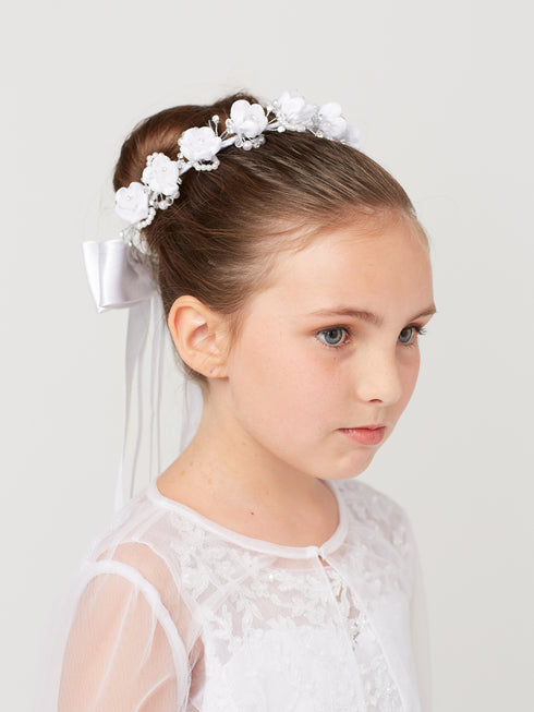 Girls White Flower Rhinestone Pearl Embellished Stylish Special Occasion Crown
