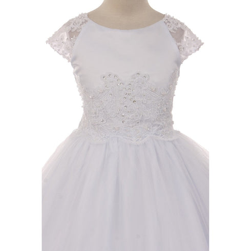 Rain Kids Big Girls White Satin Lace Junior Bridesmaid Communion Dress 7-20 - SophiasStyle.com