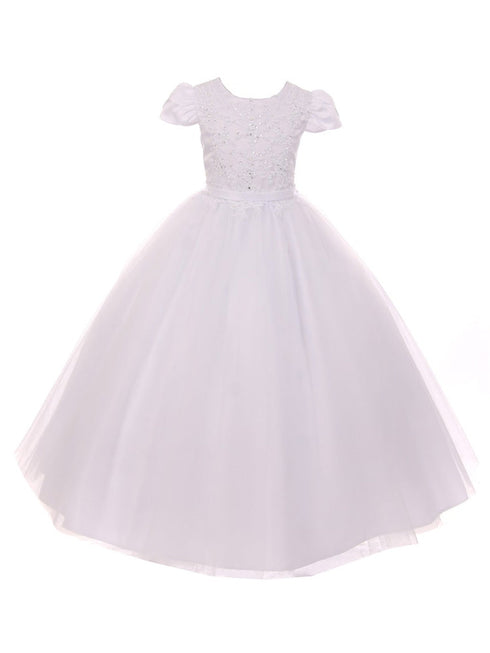 Rain Kids Big Girls White Pearl Sequin Accent Satin Tulle Communion Dress 7-18 - SophiasStyle.com