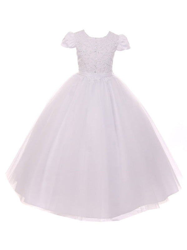 Rain Kids Big Girls White Pearl Sequin Accent Satin Tulle Communion Dress 7-18 - SophiasStyle.com