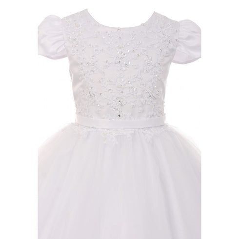 Rain Kids Big Girls White Pearl Sequin Accent Satin Tulle Communion Dress 7-18 - SophiasStyle.com