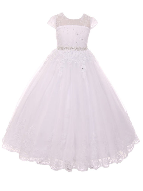 Rain Kids Big Girls White Illusion Beaded Lace Tulle Communion Dress 7-20 - SophiasStyle.com