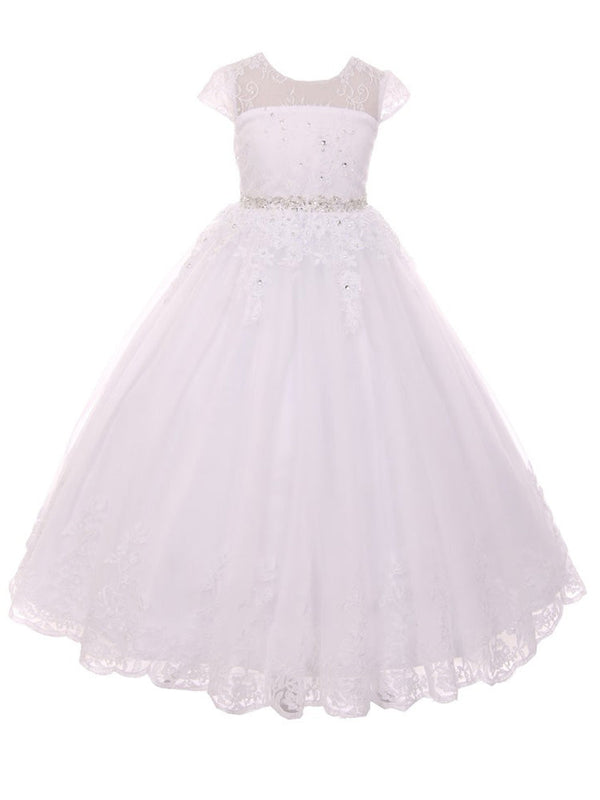 Rain Kids Big Girls White Illusion Beaded Lace Tulle Communion Dress 7-20 - SophiasStyle.com