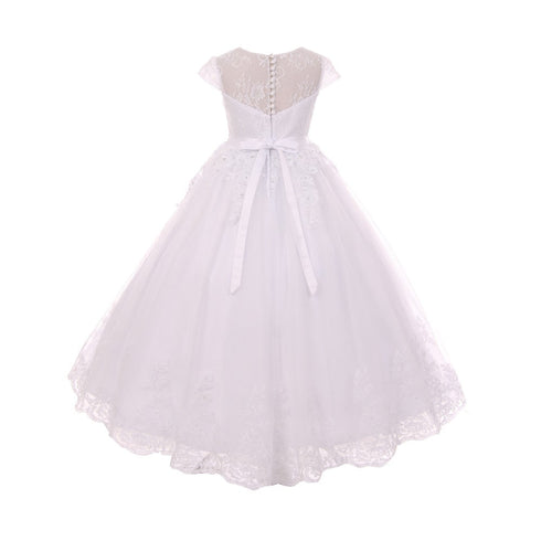 Rain Kids Big Girls White Illusion Beaded Lace Tulle Communion Dress 7-20 - SophiasStyle.com