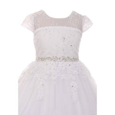 Rain Kids Big Girls White Illusion Beaded Lace Tulle Communion Dress 7-20 - SophiasStyle.com