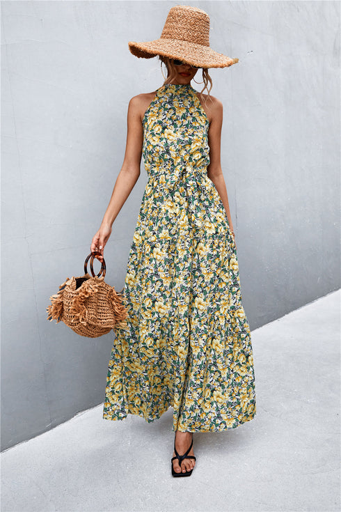 printed-sleeveless-tie-waist-maxi-dress Sophia's Trends - Sophia's Style-Orange/Floral-S