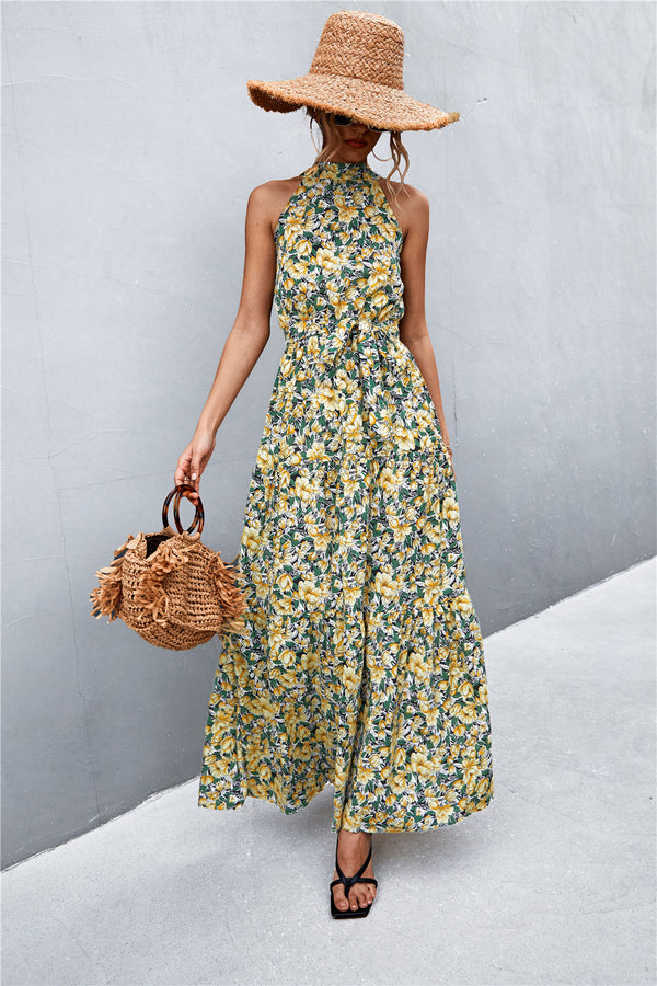 printed-sleeveless-tie-waist-maxi-dress Sophia's Trends - Sophia's Style-Orange/Floral-S