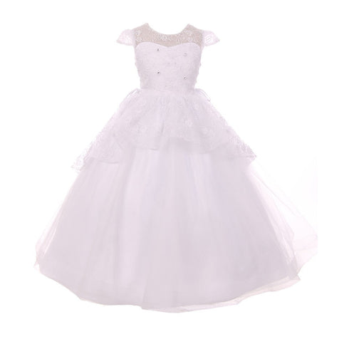 Rain Kids Big Girls White Floral Pattern Lace Peplum Tulle Communion Dress 7-16 - SophiasStyle.com
