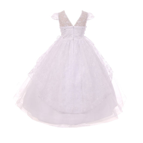 Rain Kids Big Girls White Floral Pattern Lace Peplum Tulle Communion Dress 7-16 - SophiasStyle.com