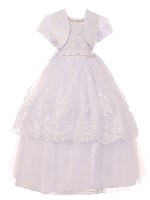 Big Girls White Pearl Sequin Floral Lace Tulle Satin Bolero Communion Dress 7-20 - SophiasStyle.com