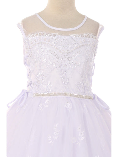 Big Girls White Pearl Sequin Floral Lace Tulle Satin Bolero Communion Dress 7-20 - SophiasStyle.com