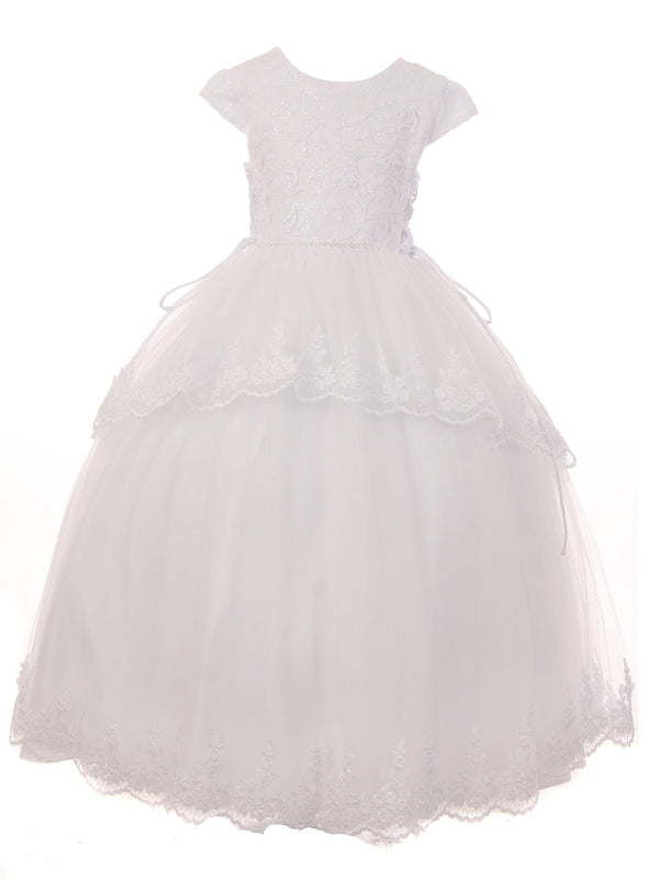 Big Girls White Sequin Beaded Cap Sleeves Satin Tulle Communion Dress 7-20 - SophiasStyle.com