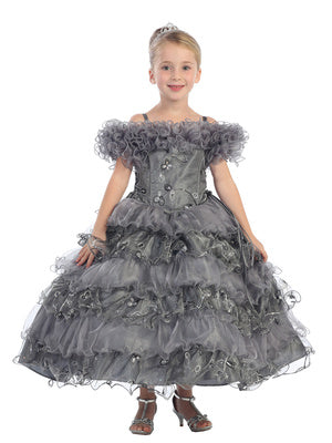 Girls Silver Princess Ruffle Ball Gown, Sizes 2-8