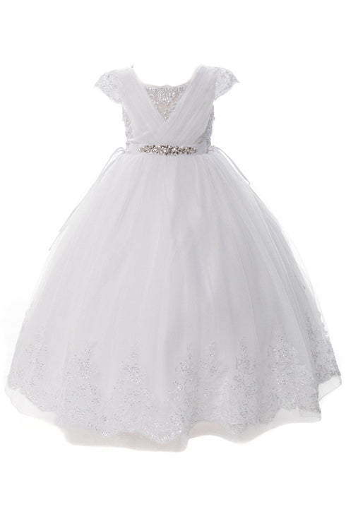 Rainkids Girls White Beaded Lace Cap Sleeve Plus Size Communion Dress 7.5-20.5 - SophiasStyle.com