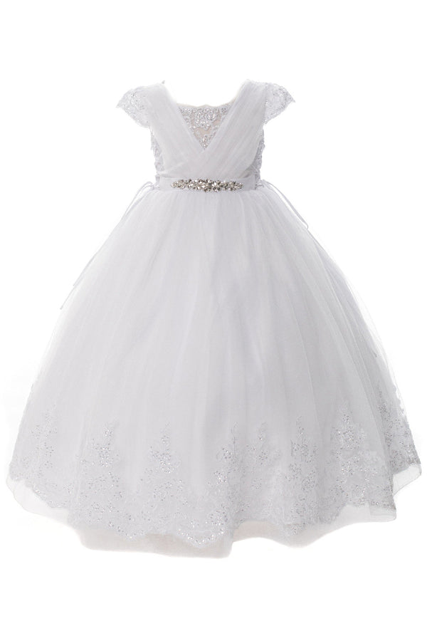Rainkids Girls White Beaded Lace Cap Sleeve Plus Size Communion Dress 7.5-20.5 - SophiasStyle.com