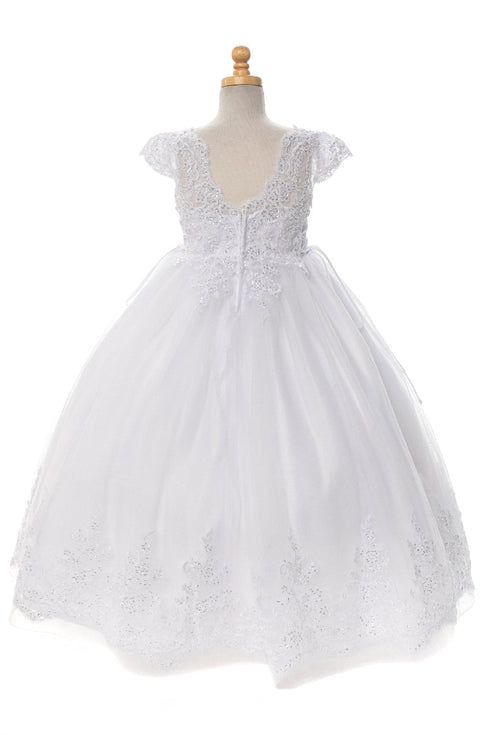 Rainkids Girls White Beaded Lace Cap Sleeve Plus Size Communion Dress 7.5-20.5 - SophiasStyle.com